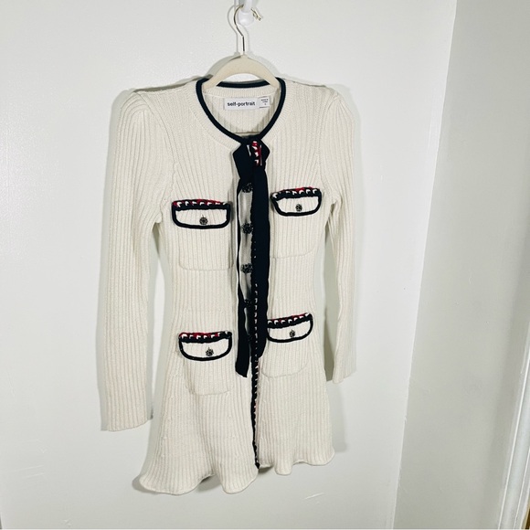 Self-Portrait Lurex Knit Dress Ivory Black Red Preppy Career Modest Trendy - Picture 8 of 15